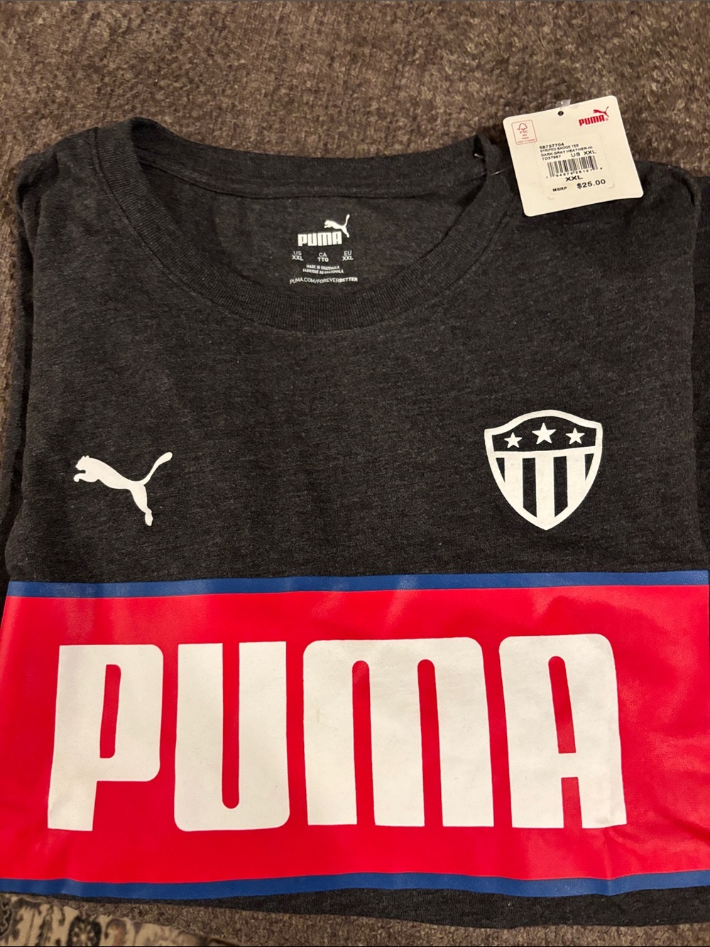 Puma Kids Gray Tee with Red Logo Panel and Blue Trim